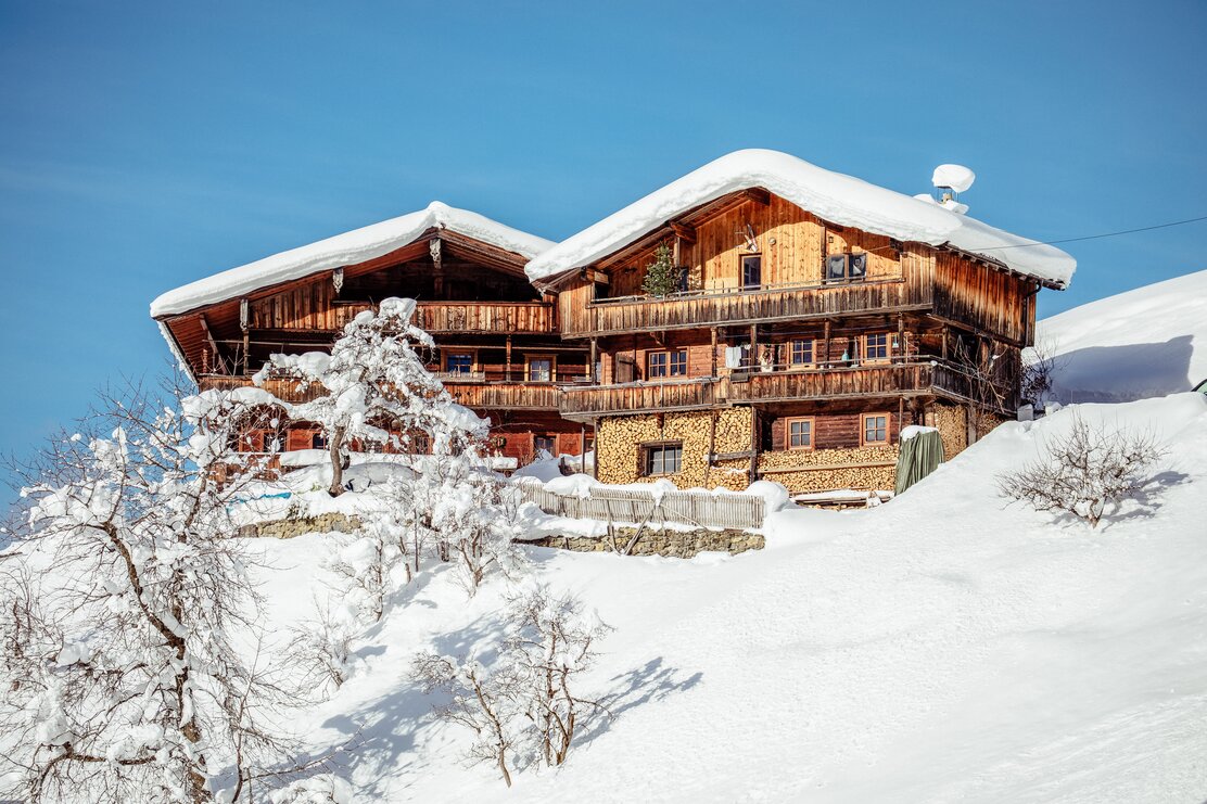 Zwei Häuser im typisch Alpbachtaler Baustil, umgeben von schöner, verschneiter Winterlandschaft 