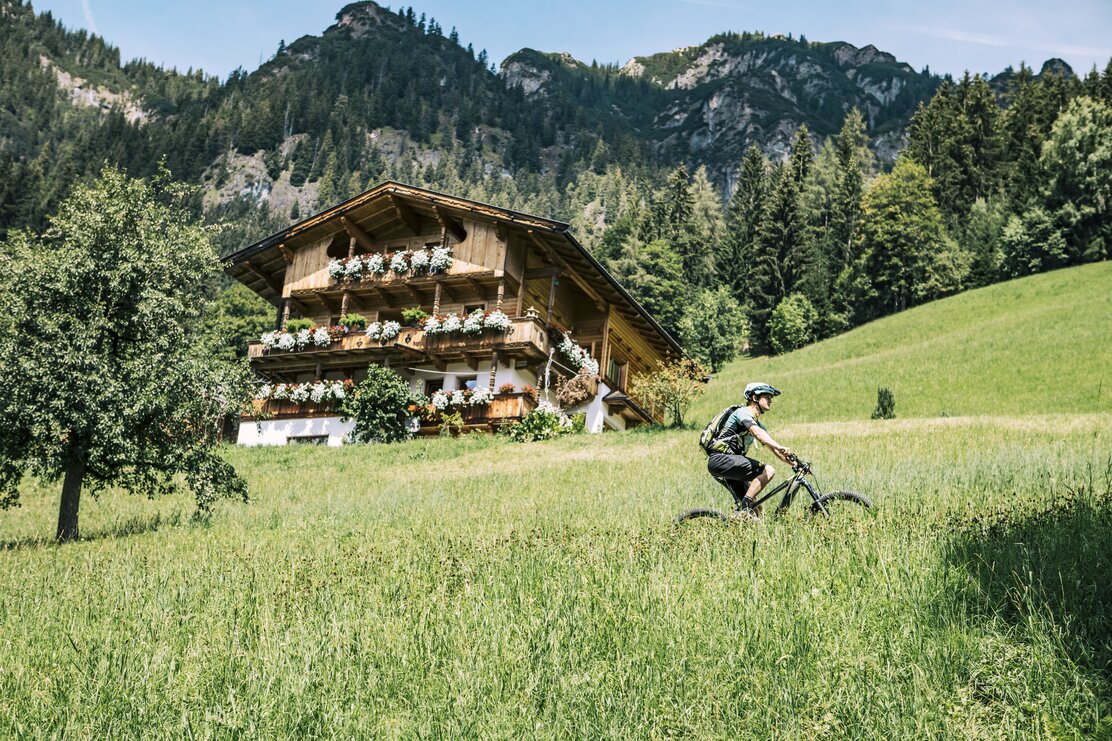 Ein Mann radelt mit seinem E-Bike durch das schöne Alpbach, umgeben von blühender Natur, im Hintergrund ein Haus im einzigartigen Alpbacher Baustil | © WOM Medien | Stefan Schopf