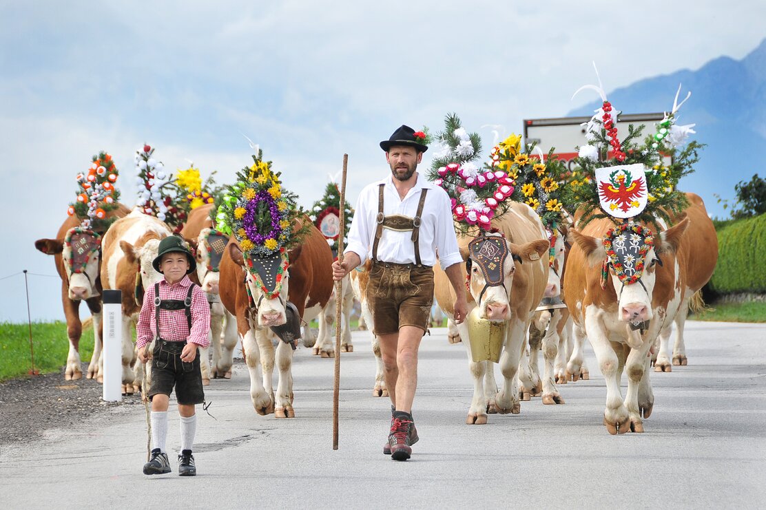 Auf diesem Bild zu sehen ist ein Vater mit seiner Tochter, welche beim Almabtrieb voran gehen, im Hintergrund die schön bunt geschmückten Kühe  | © Alpbachtal Tourismus | Gabriele Grießenböck