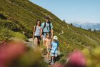 Eine Familie wandert gemeinsam den Panoramaweg Wiedersberger Horn entlang, rundherum blühende Natur   | © Alpbachtal Tourismus | Mathäus Gartner 