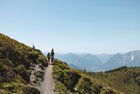 Eine Familie wandert gemeinsam dem Panoramaweg Wiedersberger Horn entlang, umgeben von schöner Bergkulisse und  Blick ins Tal  | © Alpbachtal Tourismus | Mathäus Gartner